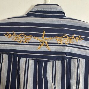 Hard Rock Cafe Blue Striped Men's Shirt w/ Gold Embroidered Guitar and Star.